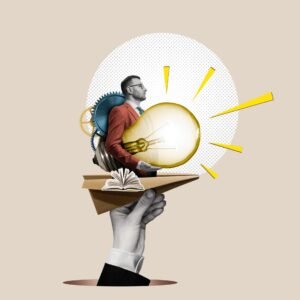 Paper,Plane,With,A,Businessman,And,A,Large,Light,Bulb.